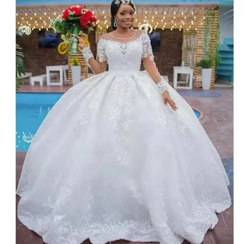 2023 Spalvingas Kamuolys Suknelė Nėrinių Appliqued Ilgomis Rankovėmis Vestuvių Suknelės Puošmena-Kaklo Nėrinių Afrikos Balta Santuoka, Vestuvinės Suknelės