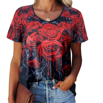 2023 Vasaros Moterų Viršūnių O-kaklo Rožės Trišakiai Trumpi Rankovėmis marškinėliai Atsitiktinis Estetinės Moterų Drabužių Elegantiškas Prašmatnus Streetwear