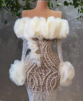 6 Dizaino Aso Ebi Vestuvės Suknelės, Puošnios Pearl Oficialų Vakare Chalatai Arabų Ilgio Rankovėmis Ir Ruffles Undinė Promenadzie Suknelė 2023