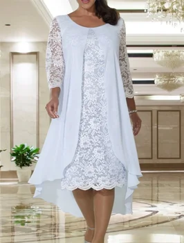 A-Line Motina Oblubienicy Suknelė Plius Dydžio Elegantiškas, Brangakmenis, Kaklo, Kelio Ilgio Šifono Nėrinių ilgomis Rankovėmis su 2023