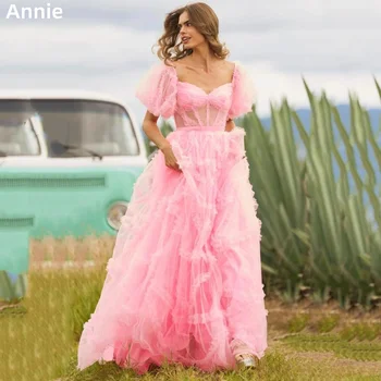 Annie Prabangus Rankų Darbo Prom Dresses Sluoksniuotos Rankovėmis Blizgučiai Kokteilis Užsakymą Vakaro Suknelės Hot Pink 2023 Vestidos De Noche