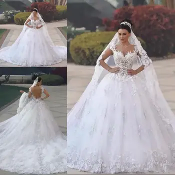 Artimųjų Rytų Arabų Kamuolys Vestuvių Suknelės, Bžūp Rankovėmis Brangioji Backless Senovinių Nėrinių Appliques Princesė Vestuvinės Suknelės