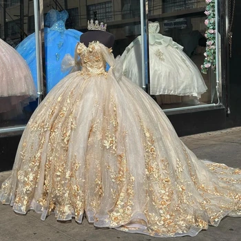 Ashely Alsa Prabanga Quinceanera Suknelės Aukso 3D Gėlės Princesė Saldus 16 Suknelė Nėriniai-Up Prom Brithday Šalis Nešioti Vestido De 15