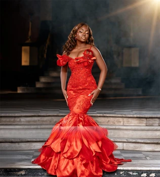 Aso Ebi Raudona Satino Ilgai Prom Dresses Seksualus 2023 Black Girl Raukiniai, Nėriniai Appliques Šalis Suknelė Undinė Vakaro Suknelės