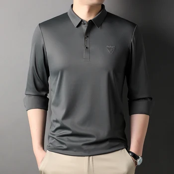 Aukštos klasės prekės ženklo vyrų ilgio rankovėmis polo marškinėliai Pavasarį ir Rudenį korėjiečių leidimas išskirtinį spausdinti ledo šilko besiūlių atsitiktinis marškinėliai