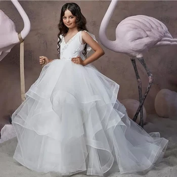 Balta Gėlė Mergina Vestuvių Suknelė 2023 Šokių V-kaklo Pagrindo Aukštis Susiėmę Tiulio Pirmosios Komunijos Suknelė Maža Mergaitė Princesė