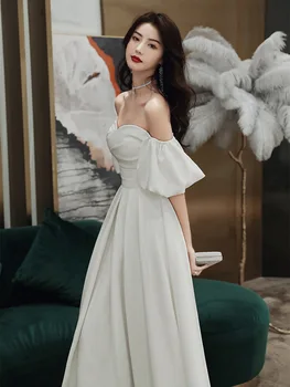 Balta Valtis Kaklo Vestuvių Suknelė Moterims nuo Peties Plisuotos Vakare Gown korėjos Elegantiškas Paprasta-line Kokteilių Suknelės