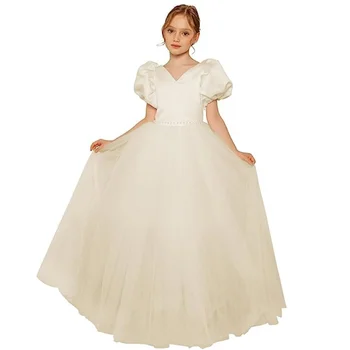 Baltųjų Gėlių Mergaičių Suknelės Satino Tiulio V Kaklo Su Didelis Lankas Trumpas Rankovės Vestuvių Gimtadienio Puotą Princesė Chalatai