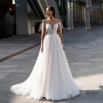 Boho Nėrinių Vestuvių Suknelės su Vien ilgomis Rankovėmis Appliqued Vestuvių Suknelė Grindų Ilgio Linijos, Vestuvinių Suknelių 2023