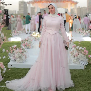 Ciynsia Rožinė Dubajus Abiye Hijab Oficialų Suknelė-Line Tiulio ilgomis Rankovėmis Vakare Chalatai Moterims, Elegantiškas Vestuvės Suknelės 2024