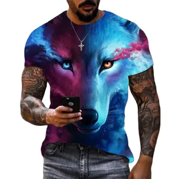 Derliaus Vilkas T Shirt Mens 3D Gyvūnų Grafinis Spausdinti trumpomis Rankovėmis Viršūnes Atsitiktinis Gatvės Liūto Kova su T-shirt Negabaritinių Tee Drabužiai