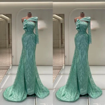 Elegantiška Prom Dress Nuimamas Traukinio Blizgančiais Vakarą Undinė Chalatai Vieną Petį Užsakymą Vestidos De Noche