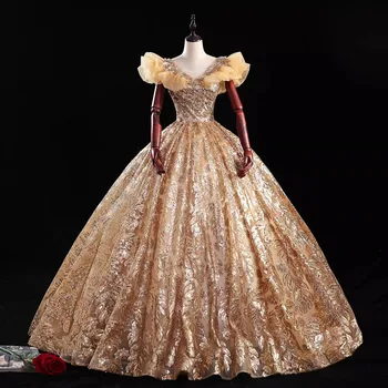 Elegantiškas Aukso Prom Dresses Siuvinėjimo Quinceanera Suknelės Aplikacijos su Blizgančiais Karoliukais