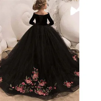 Elegantiškas Gėlių Mergaičių Suknelės Purus Princesė Juodas Kamuolys Suknelė Vaikas, Gimtadienio Pusė Rankovių Suknelė, Pirmoji Komunija, Vestuvės Prom