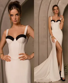 Elegantiškas Ilgas Brangioji Dramblio kaulo Vestuvių Suknelės Su Plyšio Undinė Krepo Užsakymą Valyti Traukinio Vestuvinės Suknelės Moterims