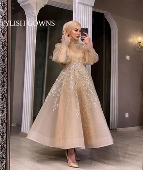 Elegantiškas Musulmonų Šampano Aukšto Kaklo Vakare Gown 2023 Black Mergaičių Visą Rankovės Maroko Caftan Appliques Oficialią Šalies Kamuolys Gow