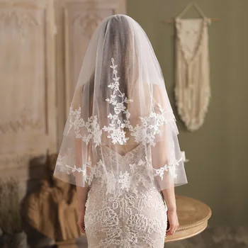 Elegantiškas Nėrinių Krašto Vestuvių Vualiai Brides 2023 Tiulio Gėlių Piršto Nuotakos Šydu Mergaitėms Trumpas Vestuvių vestuvių priedai
