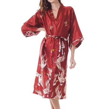 Elegantiškas Satino Chalatas Kimono Chalatas Moterims Vestuvių Apdarą Rudenį Spausdinti Lengvas Pižama, Chalatai Lady Namų Kambariniai Chalatai Sleepwear