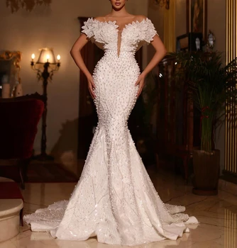 Elegantiškas Undinė Vestuvių Suknelė, Perlų Duobute Off Peties Vestuvinės Suknelės V-Kaklo, Pagamintas Vestido De Novia