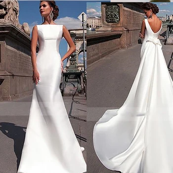 Elegantiškas Undinė Vestuvių Suknelės Moterims 2024 Balta Nuimamas Traukinio Backless Satino Užsakymą Pagaminti Vestuvių Chalatai Skraiste Vėl Mariee