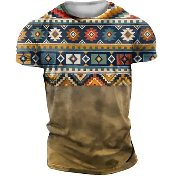 Geometrijos 3D Print T-shirt Etninės Stiliaus Vasaros Vyrai, O-kaklo Retro sportinius Marškinėlius trumpomis Rankovėmis Negabaritinių Harajuku Streetwear Berniukai Tees Viršų