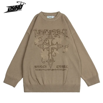 Harajuku Fashio Puloveris Unisex Hip-Hop Derliaus Gotikos Kryžiaus Laišką Siuvinėjimo Megztiniai Mens Megztinis Y2K Streetwear
