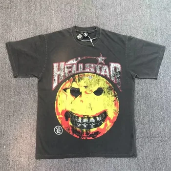 Hellstar labai Didelis trumpomis Rankovėmis, High Street Retro Plauti Plauti Apvalios Veido Laiškas Spausdinti Vyrų Ir Moterų Top Trumpą T