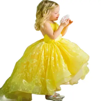 Ilgis Vaikai Geltonos Spalvos Nėrinių Gėlių Mergaičių Suknelės Vestuves Dirželiai Inscenizacija Suknelės Rankovių Tiulio Appliqued Grindų