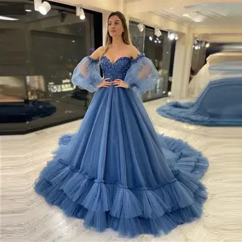 Ilgomis Rankovėmis Brangioji Vakaro Suknelė Mėlynos Spalvos Tiulio Klostyti Valymo Traukinio Appliques Elegantiškas Moterų Suknelė Vestidos De Noche Para Mujer 2023
