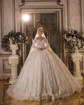Ilgomis Rankovėmis Duobute Blizgančiais Nėrinių Princesė Kamuolys Suknelė Vestuvių Suknelės Su Koplyčia Traukinys Vestido De Casamento