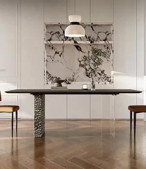 Italų stiliaus sustabdytas, valgomasis stalas ir kėdės derinys minimalistinio nerūdijančio plieno gofruoti stačiakampio formos, valgomojo stalas