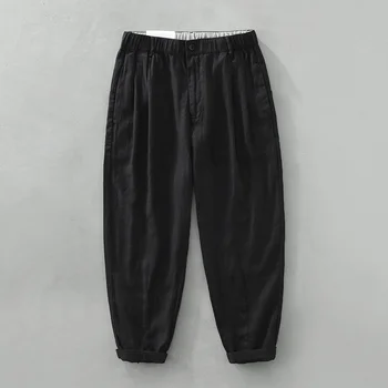 Japonijos Derliaus Gryno Lino vyriškos Laisvalaikio Kelnės Streetwear Palaidi Tinka Elastinga Juosmens Patogu Chaki Juodos Tiesios Kelnės