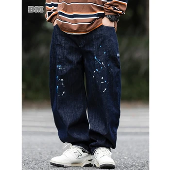 Japonijos Streetwear Dažų Taškeliai, Hip-Hop Tamsiai Džinsai Vyrams Harajuku Aukštos Kokybės Riedlentė Pants Madinga Tiesiai Džinsinio Audinio Kelnės