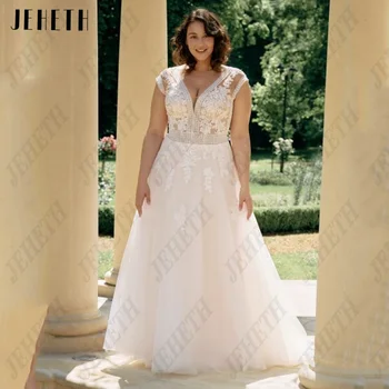 JEHETH Vestuvių Suknelės Boho Bžūp Rankovėmis Dviguba V-Kaklo-Line Nuotakos Suknelės, Nėriniai Aplikacijos-Line Plus Size vestidos de novia