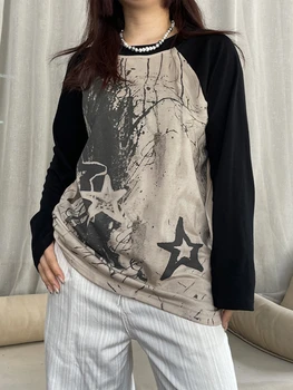 Kalevest Harajuku Punk Grafinis Spausdinti Laisvi marškinėliai Moterims Rudenį Y2K Kontrastas Kratinys Long Sleeve Top Moterų Vintage Megztinis