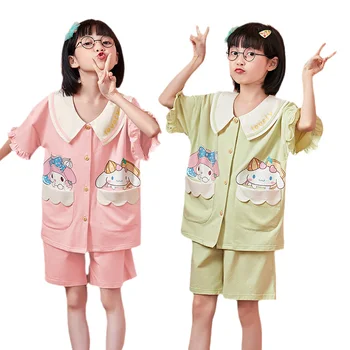 Kawaii Anime Sanrios Vaikų Pižama Vasaros Medvilnės Trumparankoviai Marškinėliai Mergaitei, Mielas Animacinių Filmų Kuromi Cinnamoroll Namų Drabužių Rinkinys