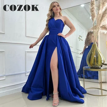 Klasikinis Ilgas-Line Klostyti Vieną Petį Royal Blue Prom Dresses Satino Aukštos Ritininės Oficialią Šalies Chalatai Vestido De Gala Užsakymą LF26