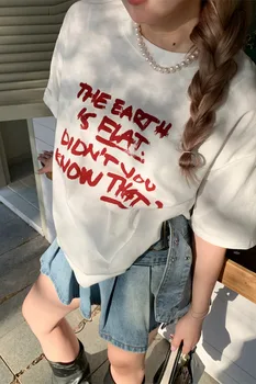 Laiškas American Retro Vasaros Tshirts Moterų Grunge High Street Y2k Camisetas O-Kaklo Prarasti Balta Pusė Rankovės Tees Mados