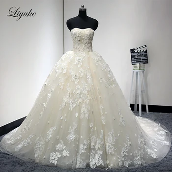 Liyuke Stebėjimo Kamuolys Suknelė Vestuvių Suknelės 3D Gėlės Spalvingas Koplyčia Traukinys Korsetas Atgal Nuotakos Suknelė