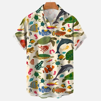 Madingas vasaros vėžlys spausdinti marškinėliai Havajų mygtuką marškinėliai vyriški vasaros paplūdimio trumpas rankovėmis marškinėliai Atsitiktinis vyrų atvartas marškinėliai