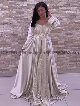 Maroko Caftan Vakarą Oficialią Suknelės su Užkarpomis Siuvinėjimo Nėrinių Satino Dubajus ilgomis Rankovėmis Prom Šalis, Chalatai, Plius Dydis