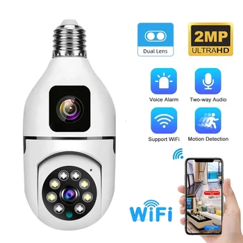 Mini Wifi Dvigubo Objektyvo Kamera 1080P Naktinio Matymo E27 Lemputė 360° Patalpų Belaidės IP Kameros Kūdikio stebėjimo V380 CCTV Apsaugos