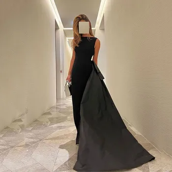 Moteris Juoda Satino Undinė Prom Dresses, Su Nuimamu Traukinio Rankovių Arabų Vakarinę Suknelę Vestuves Suknelė 2023