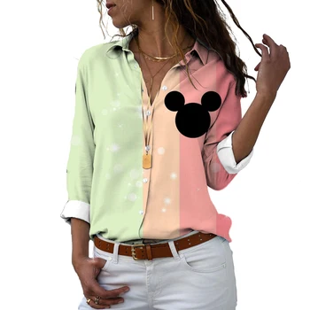 Moterų Mados Marškinėliai Rudenį ilgomis Rankovėmis Disney Mickey Mouse V-kaklo Marškinėliai Atsitiktinis Ponios Viršūnės V-kaklo Y2k Drabužiai