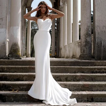 Paprastas Baltas Satino Vestuvių Suknelės Undinė Vestuvių Suknelė Pigūs Vestidos de Noiva Sereia Brangioji Klostes Vestuvių Suknelės Diržas