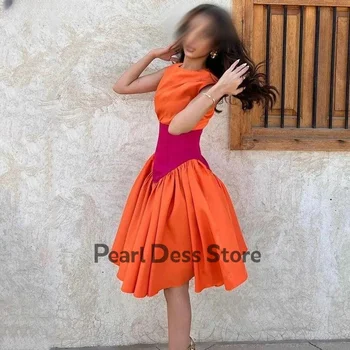Pearl Suknelė Apelsinų arabų Trumpą vakarinę Suknelę, O-Kaklo-line Kelio Ilgis Moterų Vestuvės Dress Satino Oficialų Prom Dress