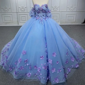 Prabanga Blue Princess Quinceanera Suknelės Brangioji Kamuolys Suknelė, Uždusęs Tiulio Saldus 16 Suknelės-Line Elegantiškas Karoliukai 3DFlower Prom Dr
