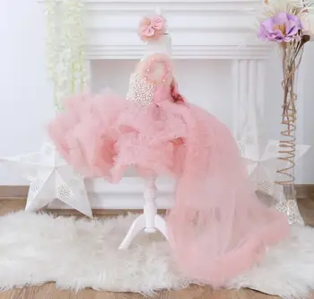 Reljefiniai Pink Flower Girl Dress Vien Kaklo Perlai Vaikas Vestuves Suknelė Mielas Kamuolys Suknelė Princesė Gimtadienio Suknelės su ilgomis Traukinys
