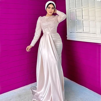 Rose Aukso Undinė Vakaro Suknelės Hijab Moterų, O Kaklo, ilgomis Rankovėmis Grindų Ilgis Perlai Duobute Musulmonų Fromal Proga Suknelė