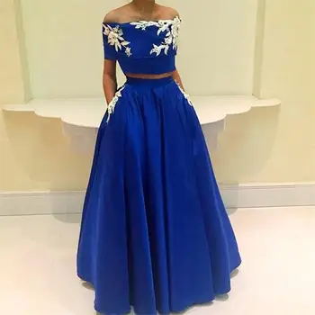 Royal Mėlyna Satino Prom Dresses Moterims Dviejų Dalių Vakarėlis Ilgas Elegantiškas Vestidos Gala Off Peties Chalatai Chalatai Vakaras